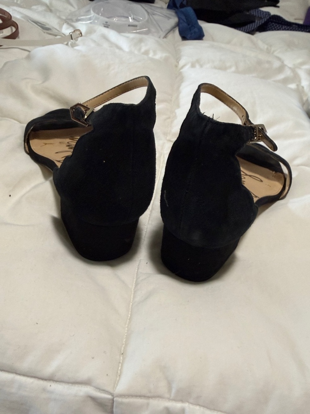 Sam Edelman Black Scallop Suede Ankle-Strap Block Heels - Picture 2 of 6